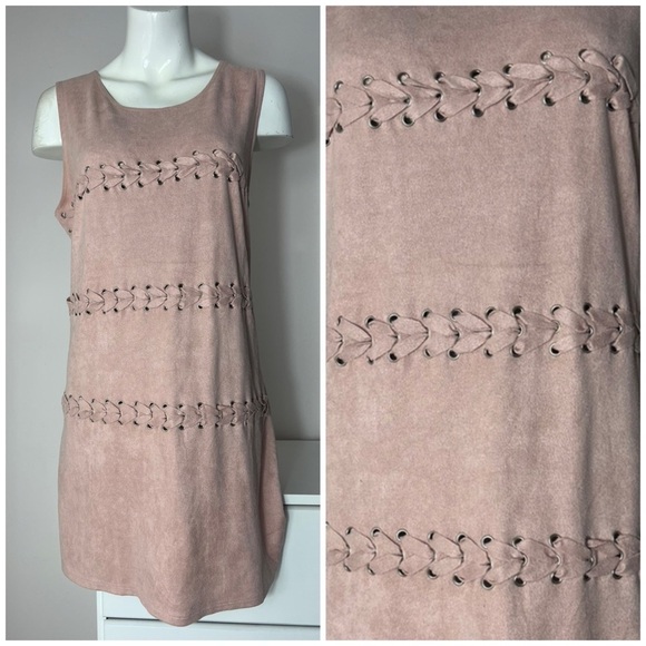 Missguided Mauve Pink Faux Suede Braided Lace Up Mini Shift Dress Size 12 Large - Picture 2 of 9